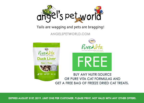Buy any NutriSource or PureVita cat formulas and get a free bag of freeze dried cat treats. 